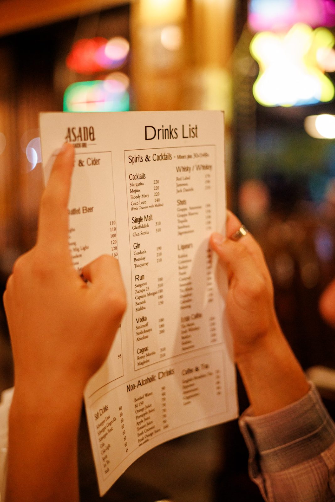 Drinks menu at ASADO Gaucho Grill and Bar